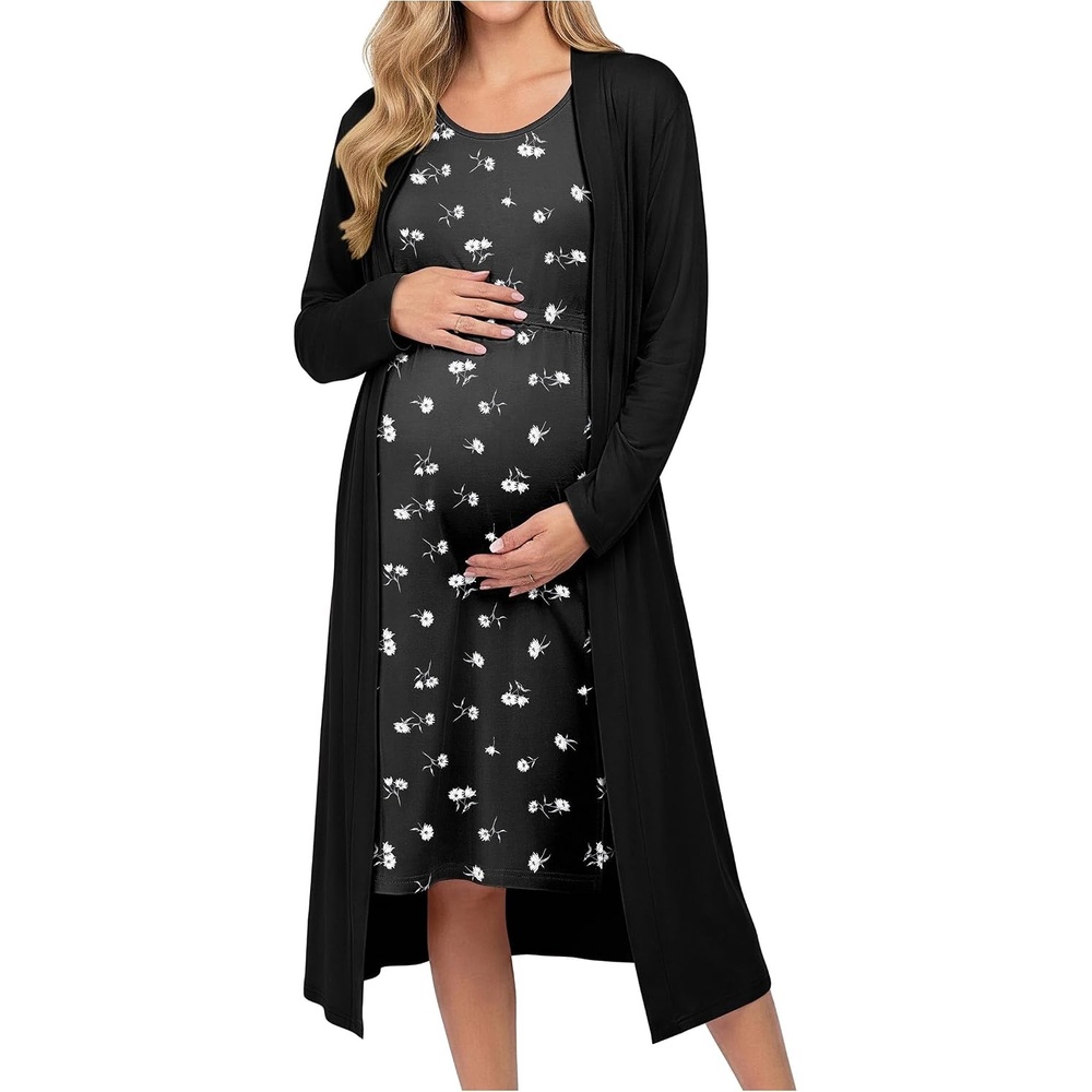 image:imageEkouaer Maternity Nursing Gown and Robe Set Labor Delivery NightgownWhite Flower Black