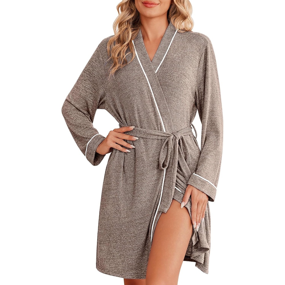 image:imageEkouaer Robes for Women Long Sleeve Bathrobe Lightweight Soft Kimono Robes Ladies Casual Sleepwear with PocketsLight Brown