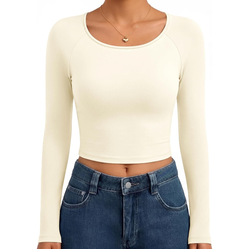 image:imageEkouaer Womens Long Sleeve Crop Tops Scoop Neck Raglan Shirts Slim Fit Underscrub Basic Fashion Clothing XSXXLBeige