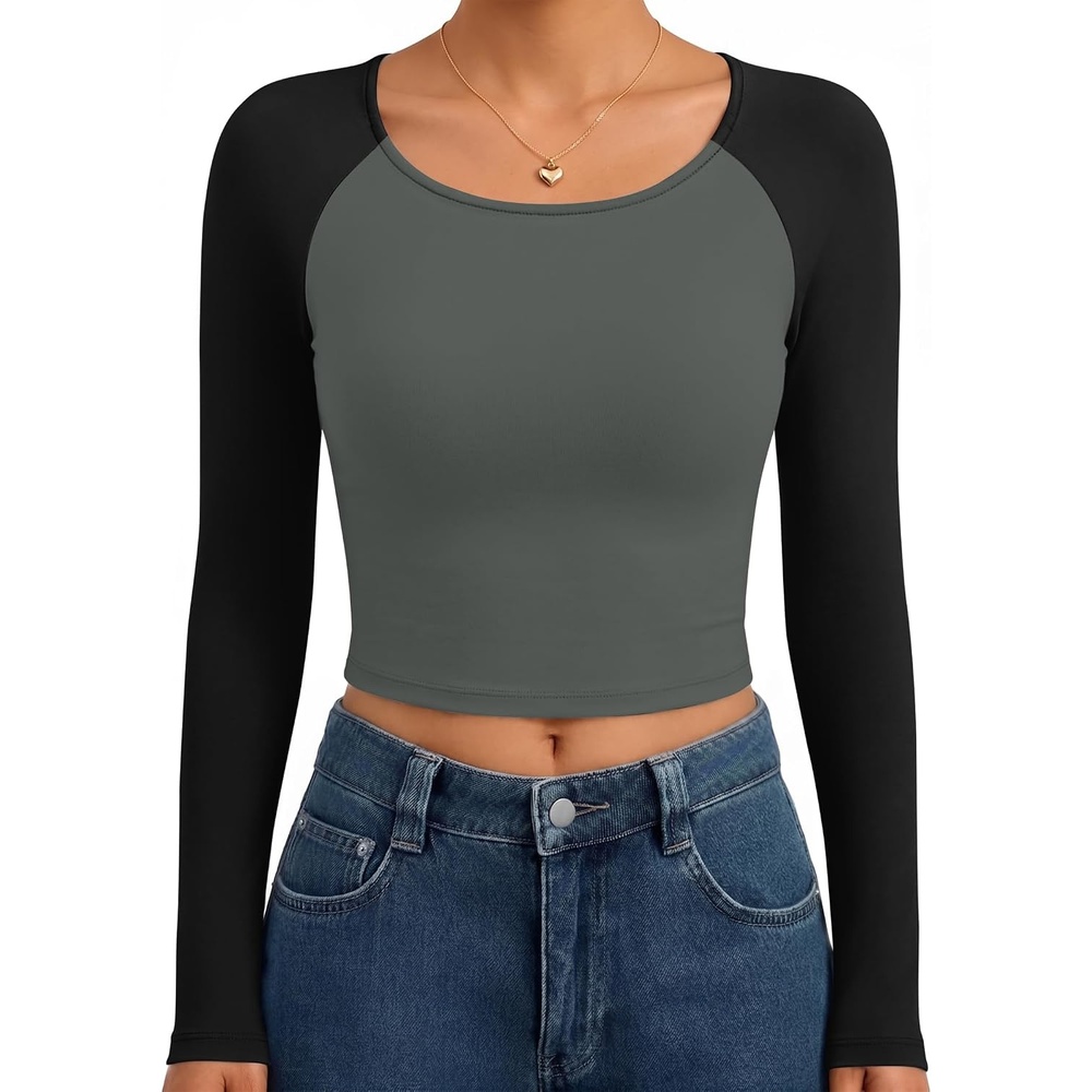 image:imageEkouaer Womens Long Sleeve Crop Tops Scoop Neck Raglan Shirts Slim Fit Underscrub Basic Fashion Clothing XSXXLGrey Black Combo