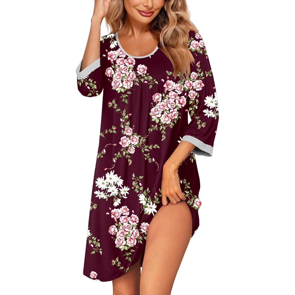 image:imageEkouaer Womens Pleated Nightgown Soft Sleep Shirt 34 Sleeve Pajama Dress Scoopneck Sleep Tee Nightshirt Sleepwear S3XLFloral Wine Red