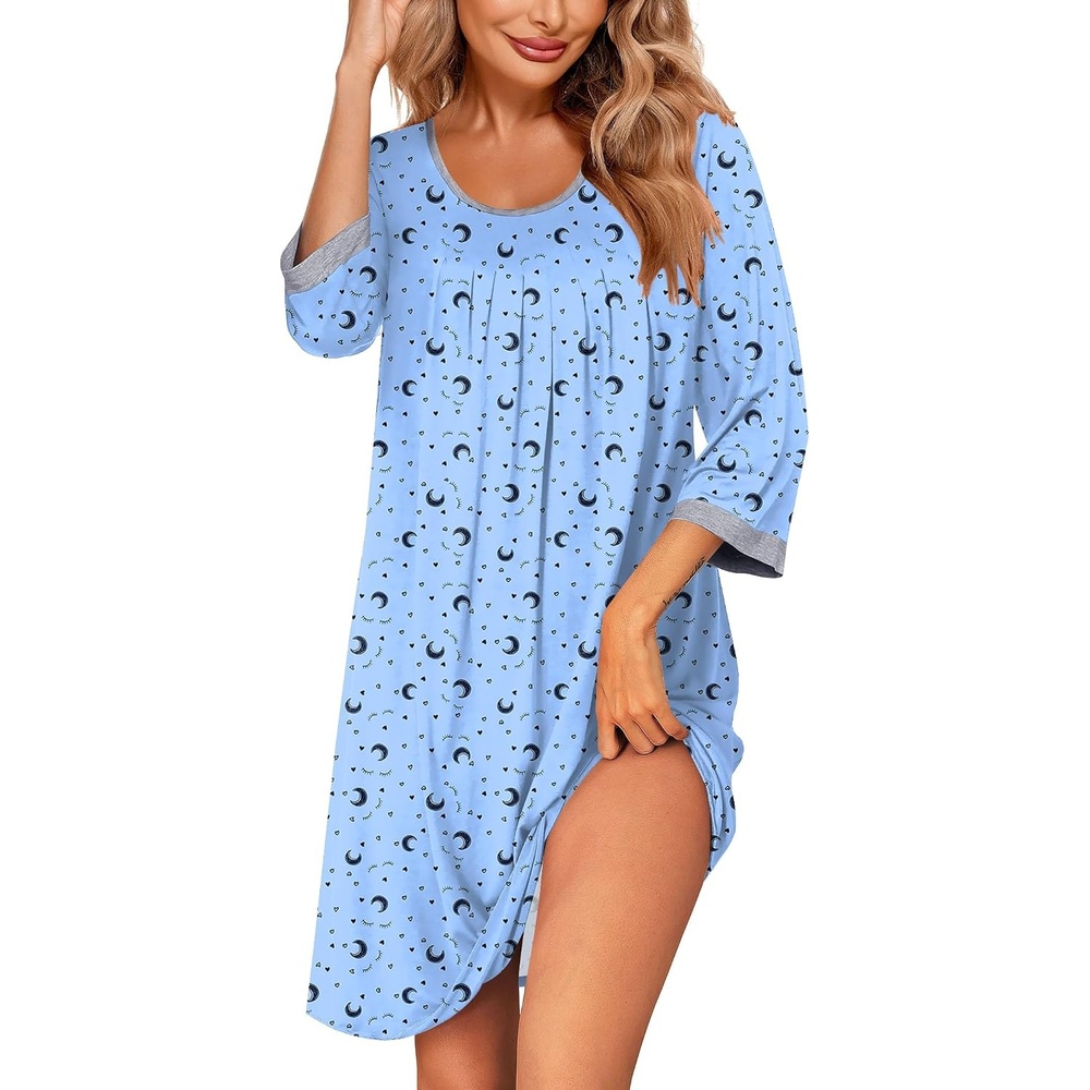 image:imageEkouaer Womens Pleated Nightgown Soft Sleep Shirt 34 Sleeve Pajama Dress Scoopneck Sleep Tee Nightshirt Sleepwear S3XLStar Moon Blue