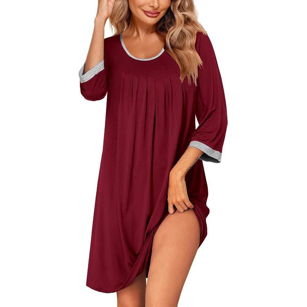image:imageEkouaer Womens Pleated Nightgown Soft Sleep Shirt 34 Sleeve Pajama Dress Scoopneck Sleep Tee Nightshirt Sleepwear S3XLWine Red