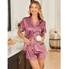 Ekouaer Silk Satin Pajama Sets Contrast Piping Pj Sets Button Down Lounge Sets Bridal Wedding Honeymoons(Dark Pink)
