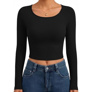Ekouaer Womens Long Sleeve Crop Tops Scoop Neck Raglan Shirts Slim Fit Underscrub Basic Fashion Clothing XS-XXL(A – Black)