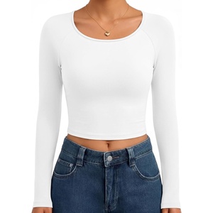 Ekouaer Womens Long Sleeve Crop Tops Scoop Neck Raglan Shirts Slim Fit Underscrub Basic Fashion Clothing XS-XXL(A – White)