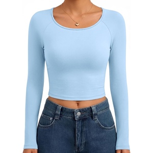 Ekouaer Womens Long Sleeve Crop Tops Scoop Neck Raglan Shirts Slim Fit Underscrub Basic Fashion Clothing XS-XXL(Baby Blue)