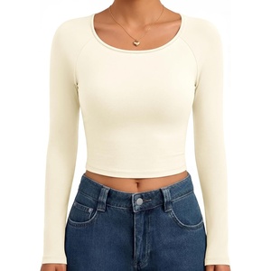 Ekouaer Womens Long Sleeve Crop Tops Scoop Neck Raglan Shirts Slim Fit Underscrub Basic Fashion Clothing XS-XXL(Beige)