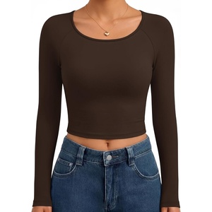 Ekouaer Womens Long Sleeve Crop Tops Scoop Neck Raglan Shirts Slim Fit Underscrub Basic Fashion Clothing XS-XXL(Brown)