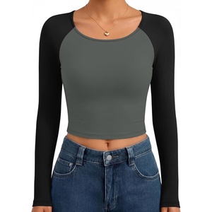 Ekouaer Womens Long Sleeve Crop Tops Scoop Neck Raglan Shirts Slim Fit Underscrub Basic Fashion Clothing XS-XXL(Grey Black Combo)
