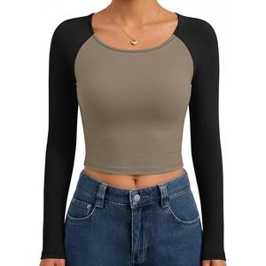 Ekouaer Womens Long Sleeve Crop Tops Scoop Neck Raglan Shirts Slim Fit Underscrub Basic Fashion Clothing XS-XXL(Mocha Black Combo)