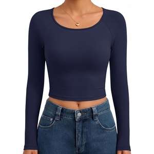 Ekouaer Womens Long Sleeve Crop Tops Scoop Neck Raglan Shirts Slim Fit Underscrub Basic Fashion Clothing XS-XXL(Navy Blue)