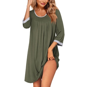 Ekouaer Women’s Pleated Nightgown Soft Sleep Shirt 3/4 Sleeve Pajama Dress Scoopneck Sleep Tee Nightshirt Sleepwear S-3XL(Army Green)