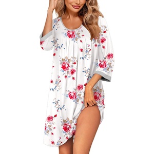 Ekouaer Women’s Pleated Nightgown Soft Sleep Shirt 3/4 Sleeve Pajama Dress Scoopneck Sleep Tee Nightshirt Sleepwear S-3XL(Floral Rose White)
