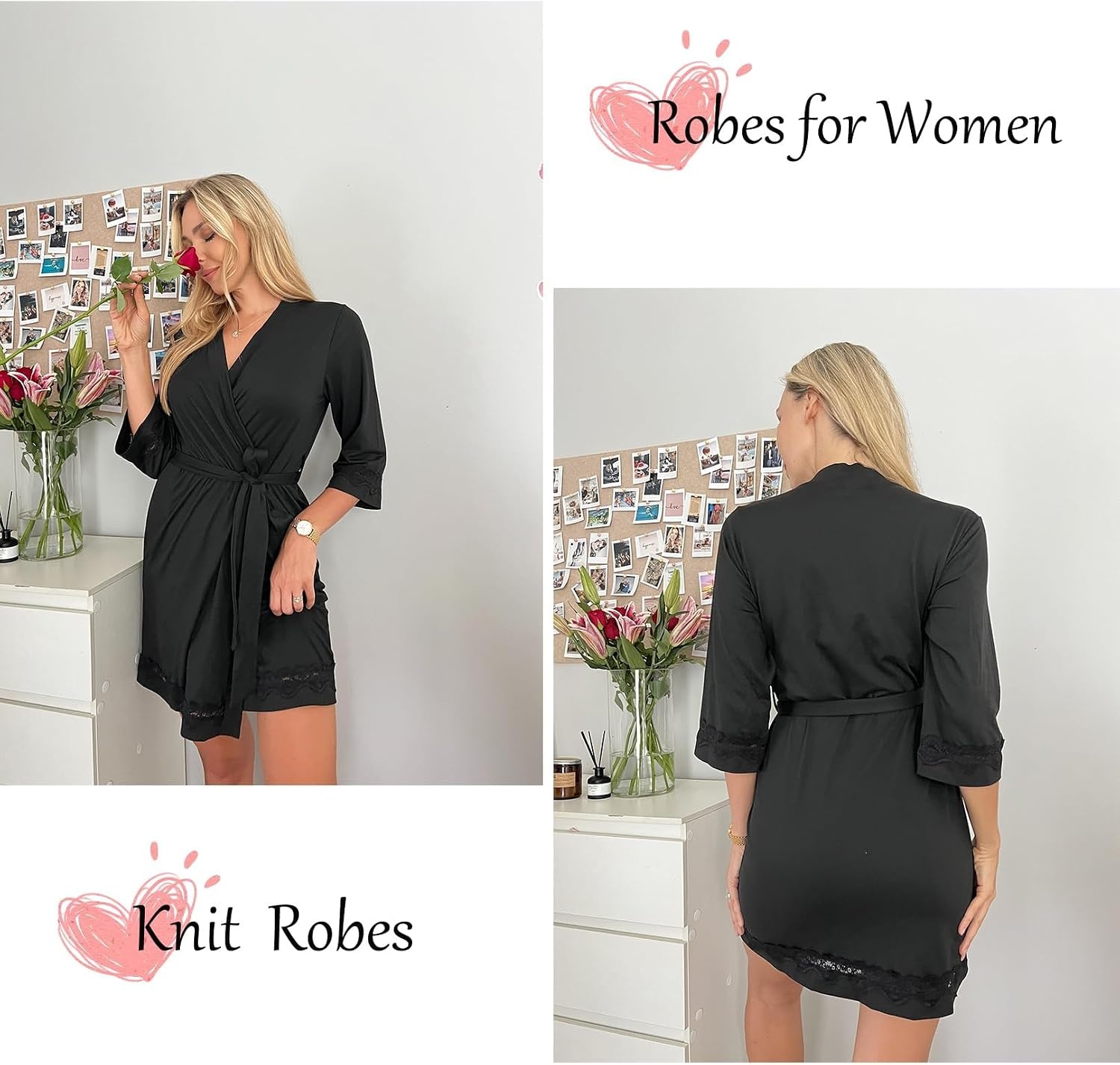 image:imageEkouaer Robes for Women Short Knit Bathrobe Lightweight Sexy Lace Sleepwear Soft Knee Length LoungewearBlack