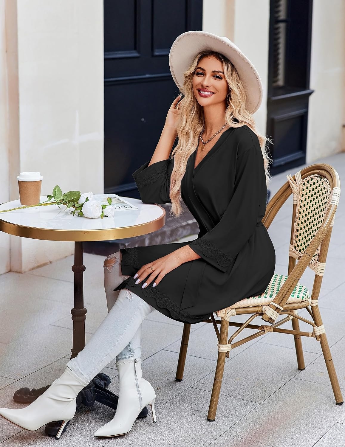 image:imageEkouaer Robes for Women Short Knit Bathrobe Lightweight Sexy Lace Sleepwear Soft Knee Length LoungewearBlack