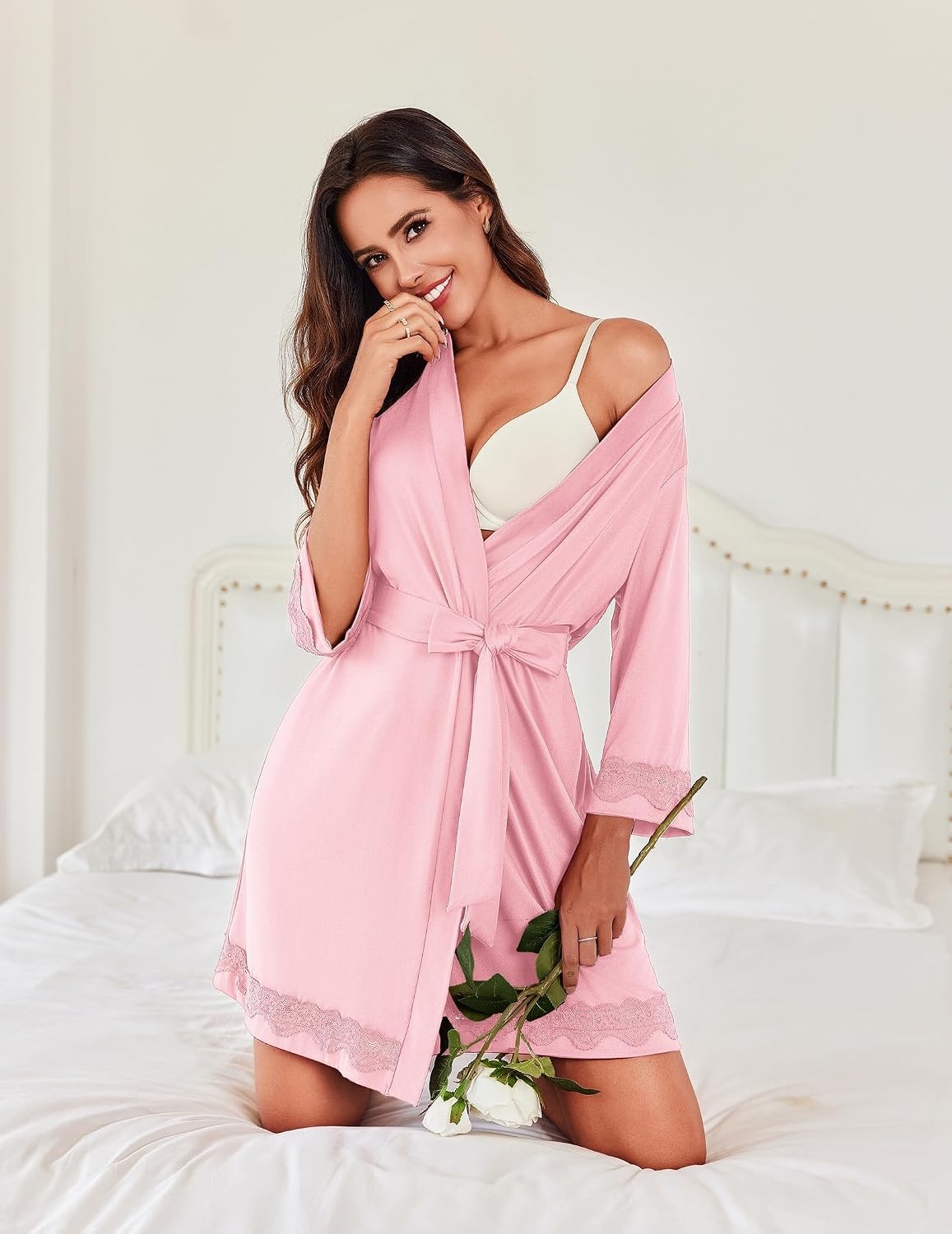 image:imageEkouaer Robes for Women Short Knit Bathrobe Lightweight Sexy Lace Sleepwear Soft Knee Length LoungewearLight Pink