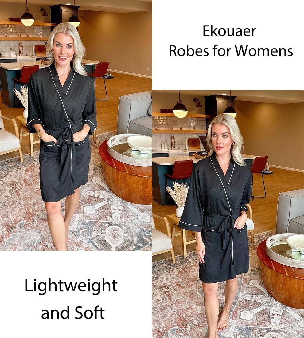 image:imageEkouaer Women Robes Waffle Knee Length Bathrobe Lightweight Soft Sleepwear V neck 34 Sleeve Casual Ladies Loungewear SXXLBlack
