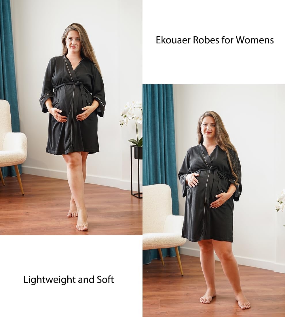 image:imageEkouaer Women Robes Waffle Knee Length Bathrobe Lightweight Soft Sleepwear V neck 34 Sleeve Casual Ladies Loungewear SXXLBlack