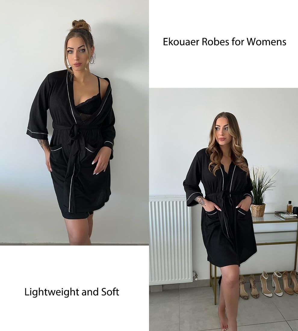 image:imageEkouaer Women Robes Waffle Knee Length Bathrobe Lightweight Soft Sleepwear V neck 34 Sleeve Casual Ladies Loungewear SXXLBlack