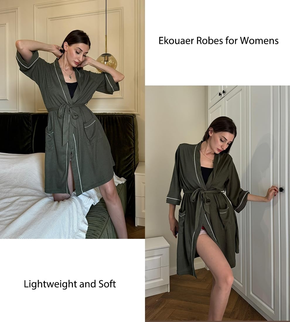 image:imageEkouaer Women Robes Waffle Knee Length Bathrobe Lightweight Soft Sleepwear V neck 34 Sleeve Casual Ladies Loungewear SXXLGrey
