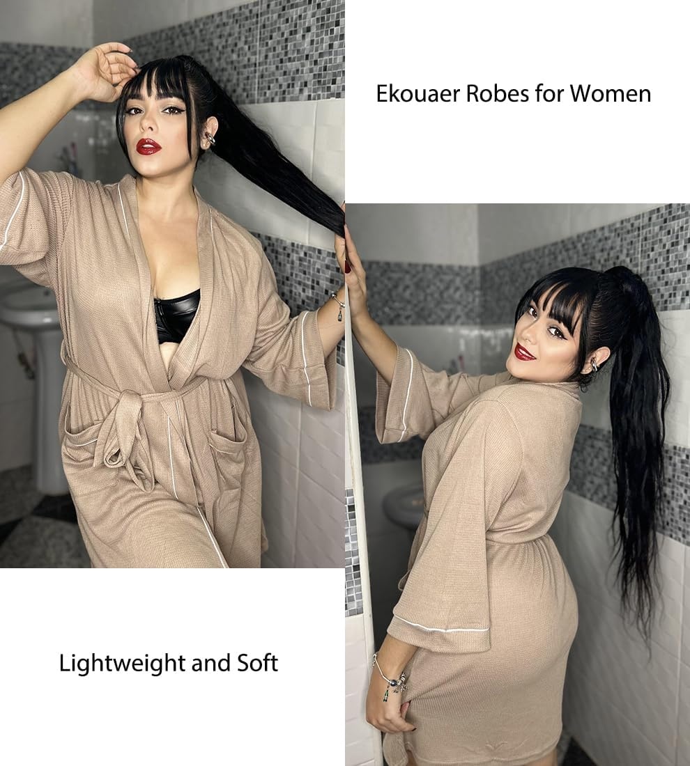 image:imageEkouaer Women Robes Waffle Knee Length Bathrobe Lightweight Soft Sleepwear V neck 34 Sleeve Casual Ladies Loungewear SXXLKhaki