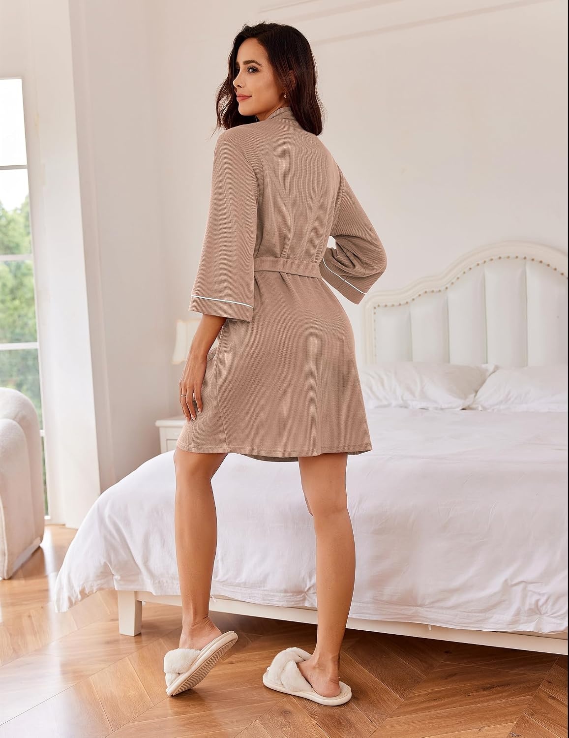 image:imageEkouaer Women Robes Waffle Knee Length Bathrobe Lightweight Soft Sleepwear V neck 34 Sleeve Casual Ladies Loungewear SXXLKhaki