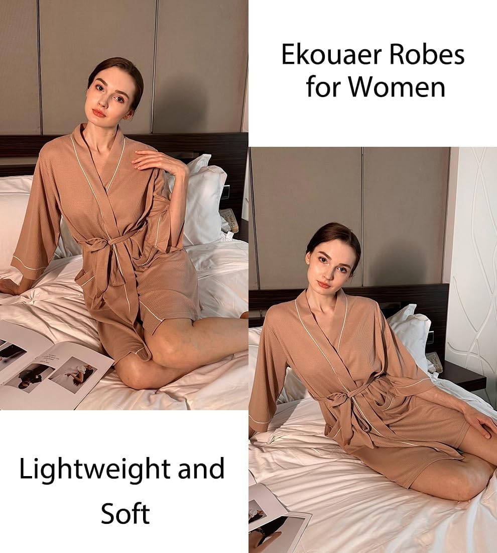 image:imageEkouaer Women Robes Waffle Knee Length Bathrobe Lightweight Soft Sleepwear V neck 34 Sleeve Casual Ladies Loungewear SXXLKhaki