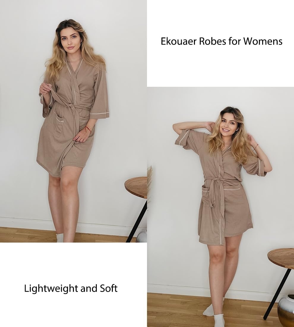 image:imageEkouaer Women Robes Waffle Knee Length Bathrobe Lightweight Soft Sleepwear V neck 34 Sleeve Casual Ladies Loungewear SXXLKhaki