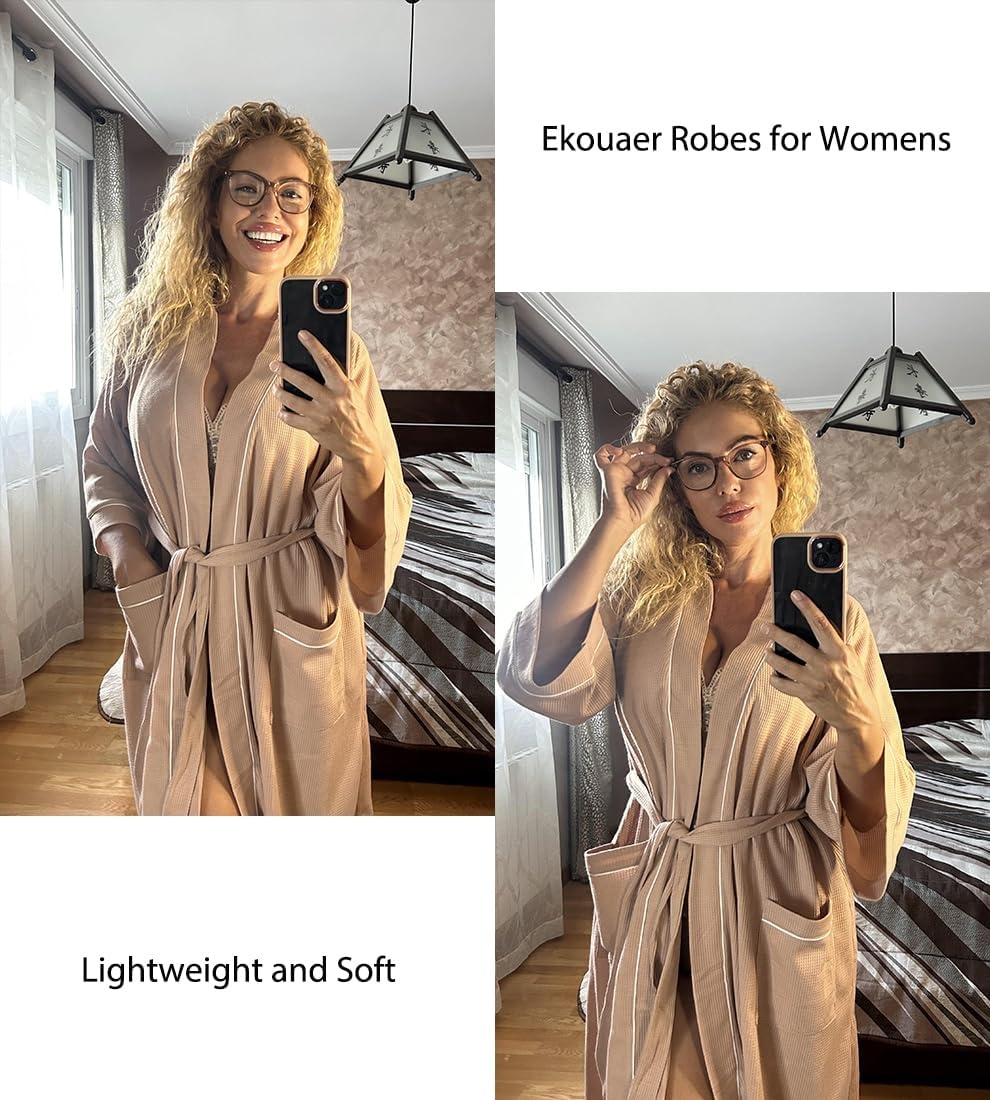 image:imageEkouaer Women Robes Waffle Knee Length Bathrobe Lightweight Soft Sleepwear V neck 34 Sleeve Casual Ladies Loungewear SXXLPink