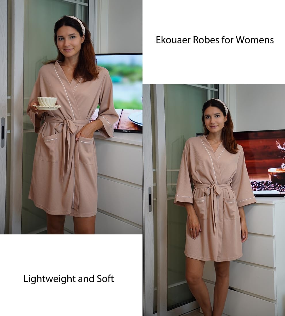 image:imageEkouaer Women Robes Waffle Knee Length Bathrobe Lightweight Soft Sleepwear V neck 34 Sleeve Casual Ladies Loungewear SXXLPink