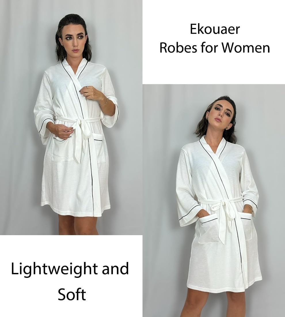 image:imageEkouaer Women Robes Waffle Knee Length Bathrobe Lightweight Soft Sleepwear V neck 34 Sleeve Casual Ladies Loungewear SXXLWhite