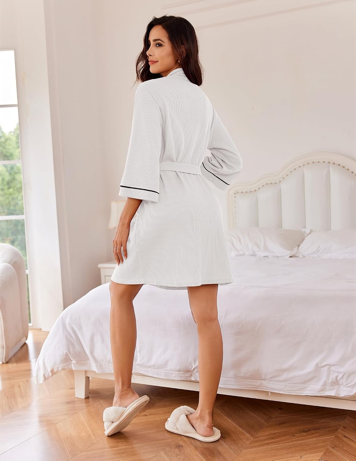 image:imageEkouaer Women Robes Waffle Knee Length Bathrobe Lightweight Soft Sleepwear V neck 34 Sleeve Casual Ladies Loungewear SXXLWhite