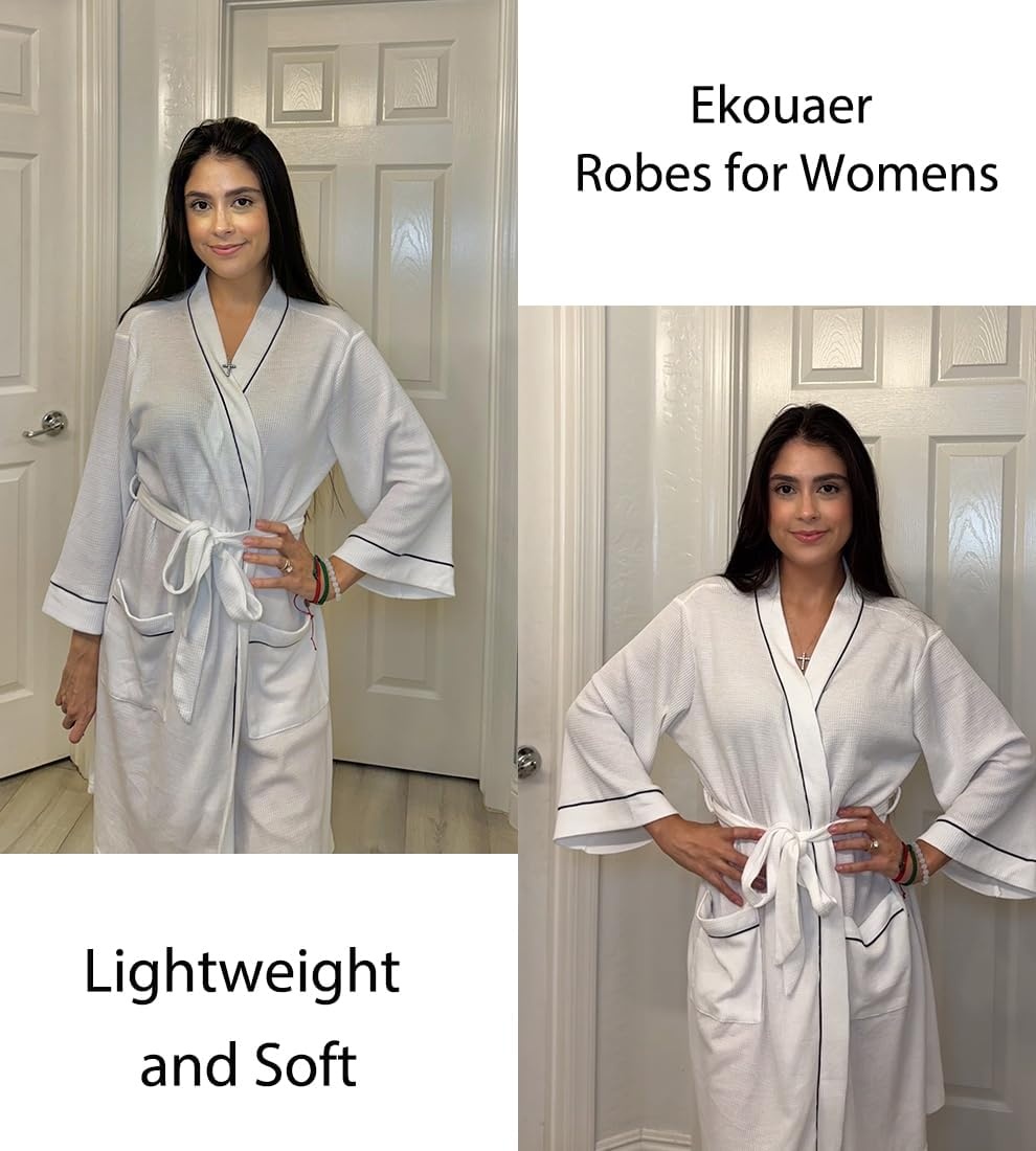 image:imageEkouaer Women Robes Waffle Knee Length Bathrobe Lightweight Soft Sleepwear V neck 34 Sleeve Casual Ladies Loungewear SXXLWhite