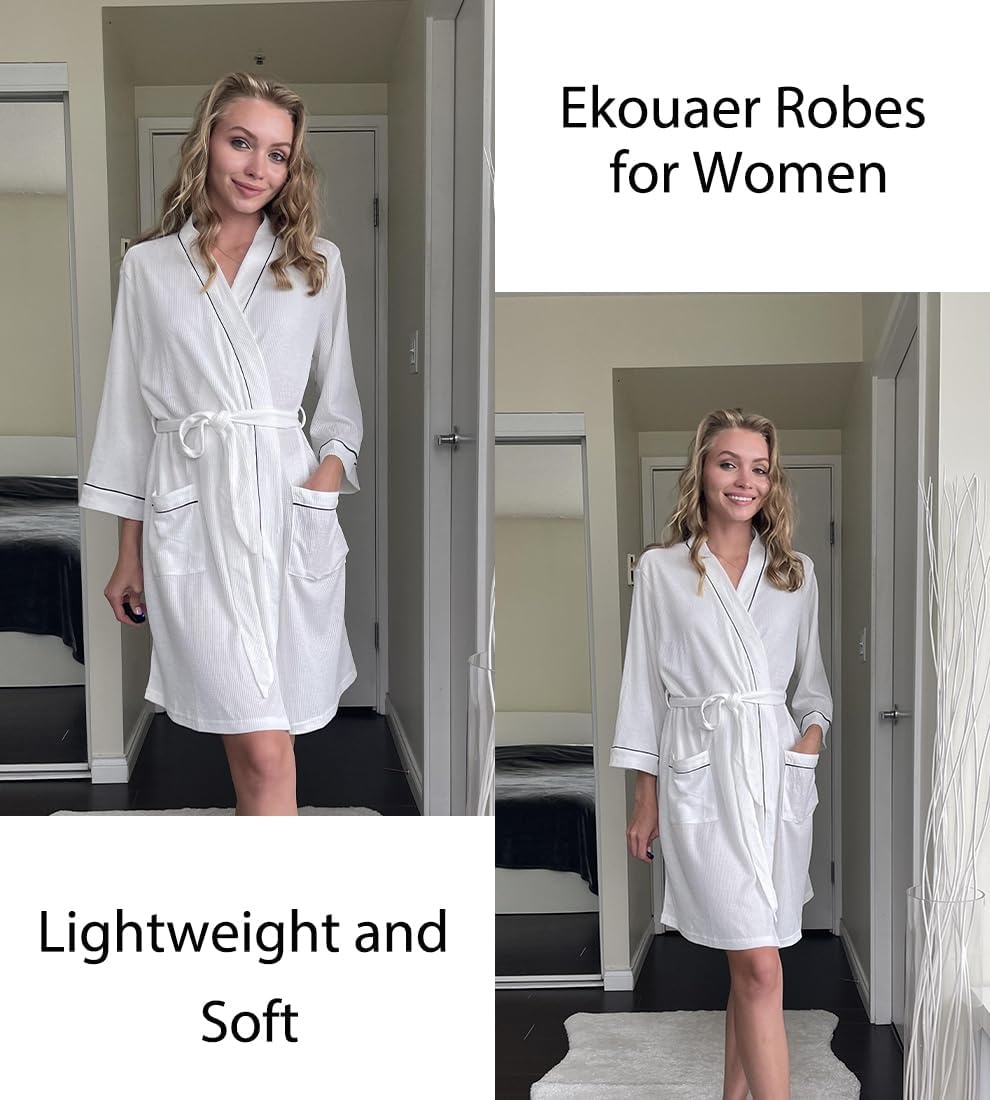 image:imageEkouaer Women Robes Waffle Knee Length Bathrobe Lightweight Soft Sleepwear V neck 34 Sleeve Casual Ladies Loungewear SXXLWhite