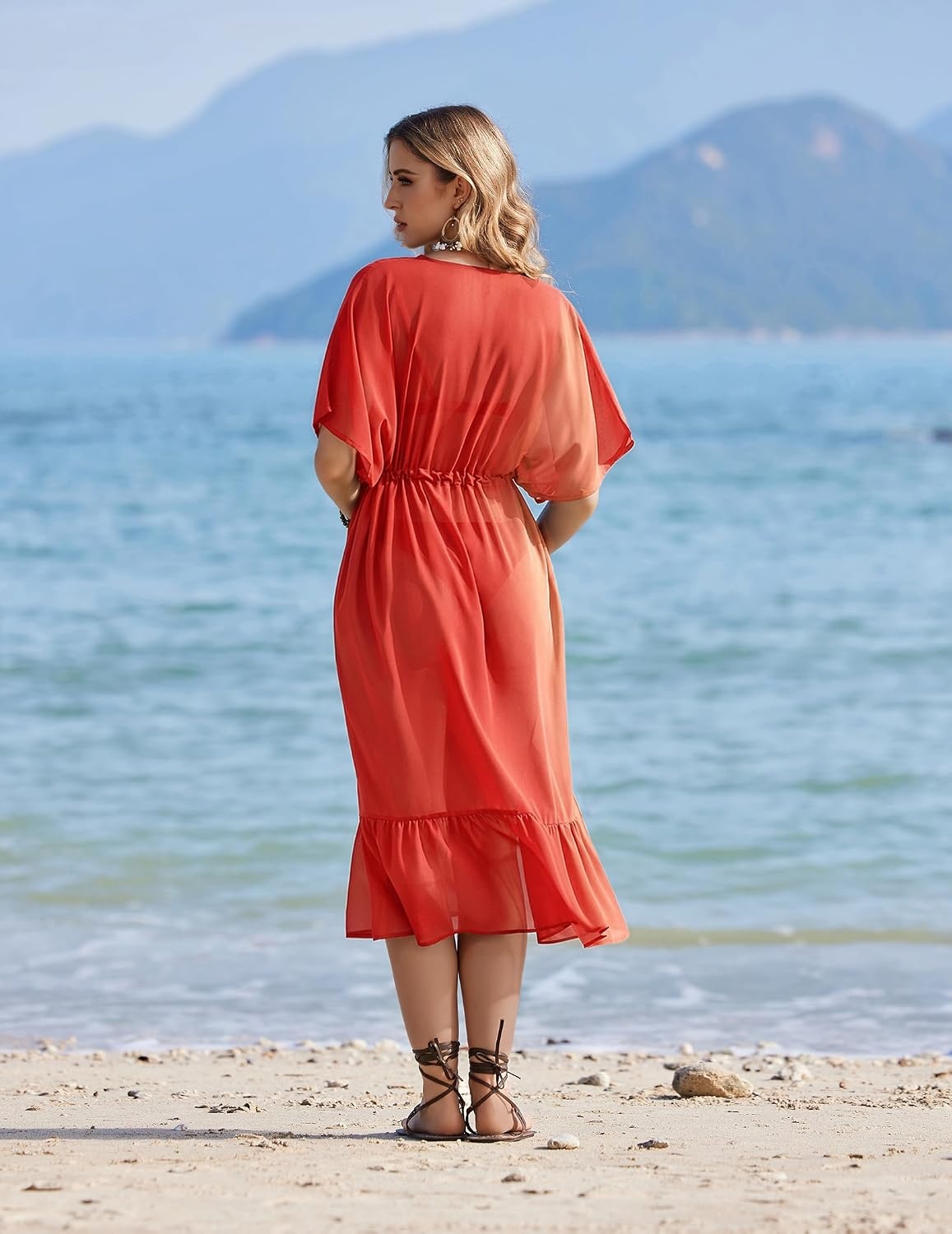 image:imageEkouaer Womens Swimwear Cover Ups Sexy Chiffon Beach Bikini Swimsuit Kimono Cardigan Cover Up Long Flowy BeachwearP Red and Orange Stripes