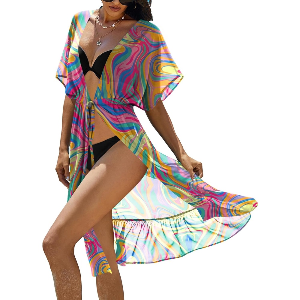 image:imageEkouaer Womens Swimwear Cover Ups Sexy Chiffon Beach Bikini Swimsuit Kimono Cardigan Cover Up Long Flowy BeachwearP Abstract Prints