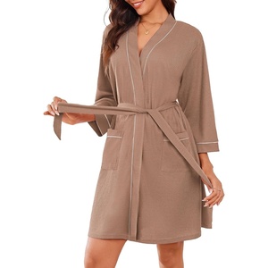 Ekouaer Women Robes Waffle Knee Length Bathrobe Lightweight Soft Sleepwear V neck 3/4 Sleeve Casual Ladies Loungewear S-XXL(Khaki)