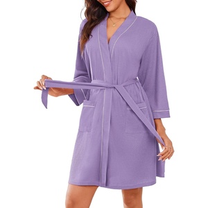 Ekouaer Women Robes Waffle Knee Length Bathrobe Lightweight Soft Sleepwear V neck 3/4 Sleeve Casual Ladies Loungewear S-XXL(Purple)