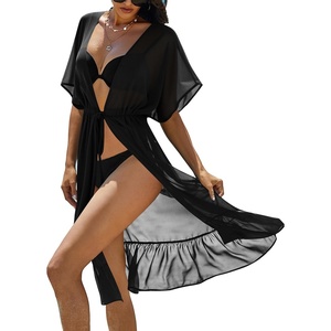 Ekouaer Women’s Swimwear Cover Ups Sexy Chiffon Beach Bikini Swimsuit Kimono Cardigan Cover Up Long Flowy Beachwear(Black)