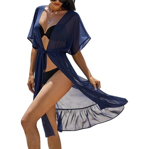 Ekouaer Women’s Swimwear Cover Ups Sexy Chiffon Beach Bikini Swimsuit Kimono Cardigan Cover Up Long Flowy Beachwear(C Navy Blue)
