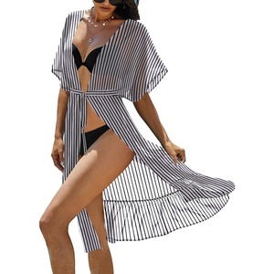 Ekouaer Women’s Swimwear Cover Ups Sexy Chiffon Beach Bikini Swimsuit Kimono Cardigan Cover Up Long Flowy Beachwear(P Black and White Stripes)
