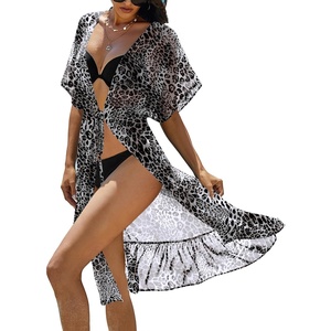 Ekouaer Women’s Swimwear Cover Ups Sexy Chiffon Beach Bikini Swimsuit Kimono Cardigan Cover Up Long Flowy Beachwear(P Leopard)