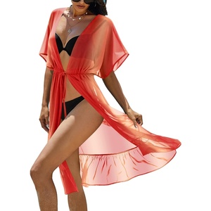 Ekouaer Women’s Swimwear Cover Ups Sexy Chiffon Beach Bikini Swimsuit Kimono Cardigan Cover Up Long Flowy Beachwear(P Red and Orange Stripes)