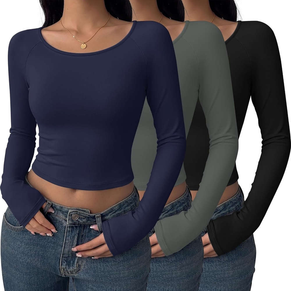 image:imageEkouaer Long Sleeve Crop Tops for Women 3 Pack Scoop Neck Raglan Shirts Slim Fit Underscrub Basic Base Layer XSXXL3pcs Black Dark Grey Navy Blue