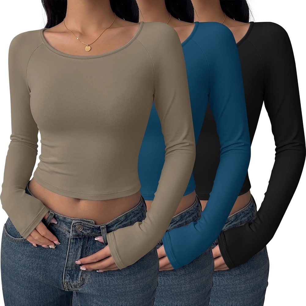 image:imageEkouaer Long Sleeve Crop Tops for Women 3 Pack Scoop Neck Raglan Shirts Slim Fit Underscrub Basic Base Layer XSXXL3pcs Black Haze Blue Tea Leaf