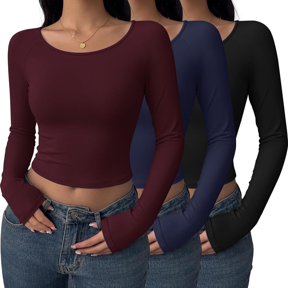 image:imageEkouaer Long Sleeve Crop Tops for Women 3 Pack Scoop Neck Raglan Shirts Slim Fit Underscrub Basic Base Layer XSXXL3pcs Black Navy Blue Wine Red