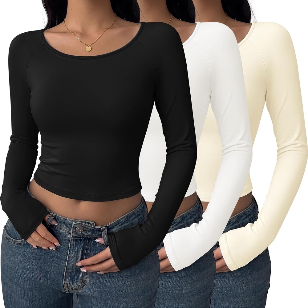 image:imageEkouaer Long Sleeve Crop Tops for Women 3 Pack Scoop Neck Raglan Shirts Slim Fit Underscrub Basic Base Layer XSXXL3pcs Black White Beige