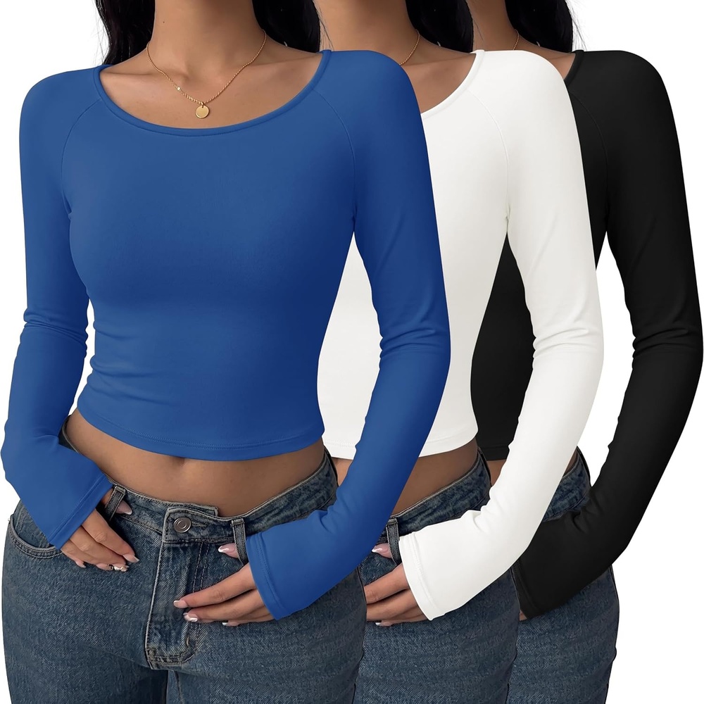 image:imageEkouaer Long Sleeve Crop Tops for Women 3 Pack Scoop Neck Raglan Shirts Slim Fit Underscrub Basic Base Layer XSXXL3pcs Black White Blue