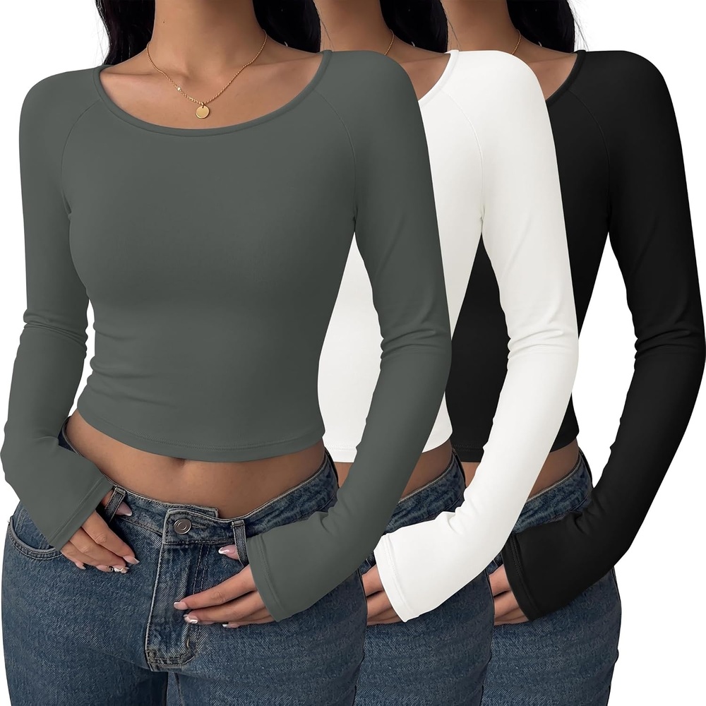 image:imageEkouaer Long Sleeve Crop Tops for Women 3 Pack Scoop Neck Raglan Shirts Slim Fit Underscrub Basic Base Layer XSXXL3pcs Black White Dark Grey